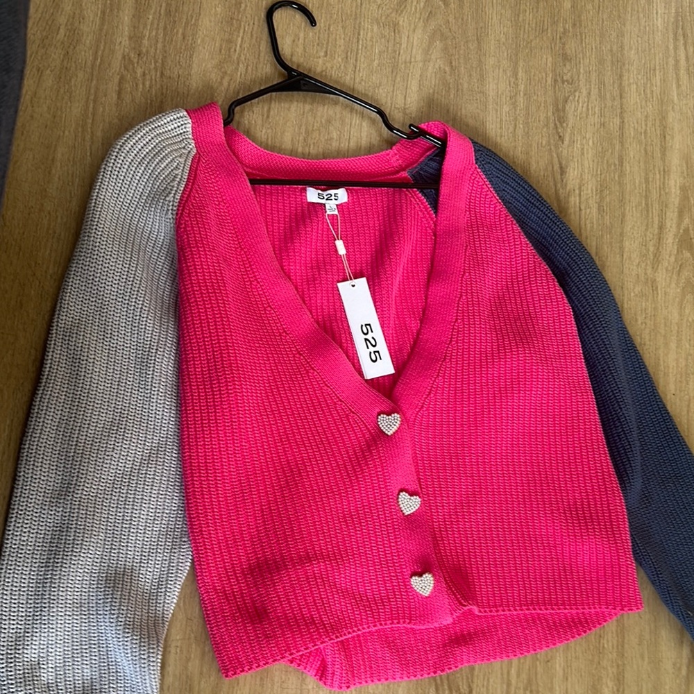 Colorblock Cardigan with Heart Buttons - Picture 2 of 2